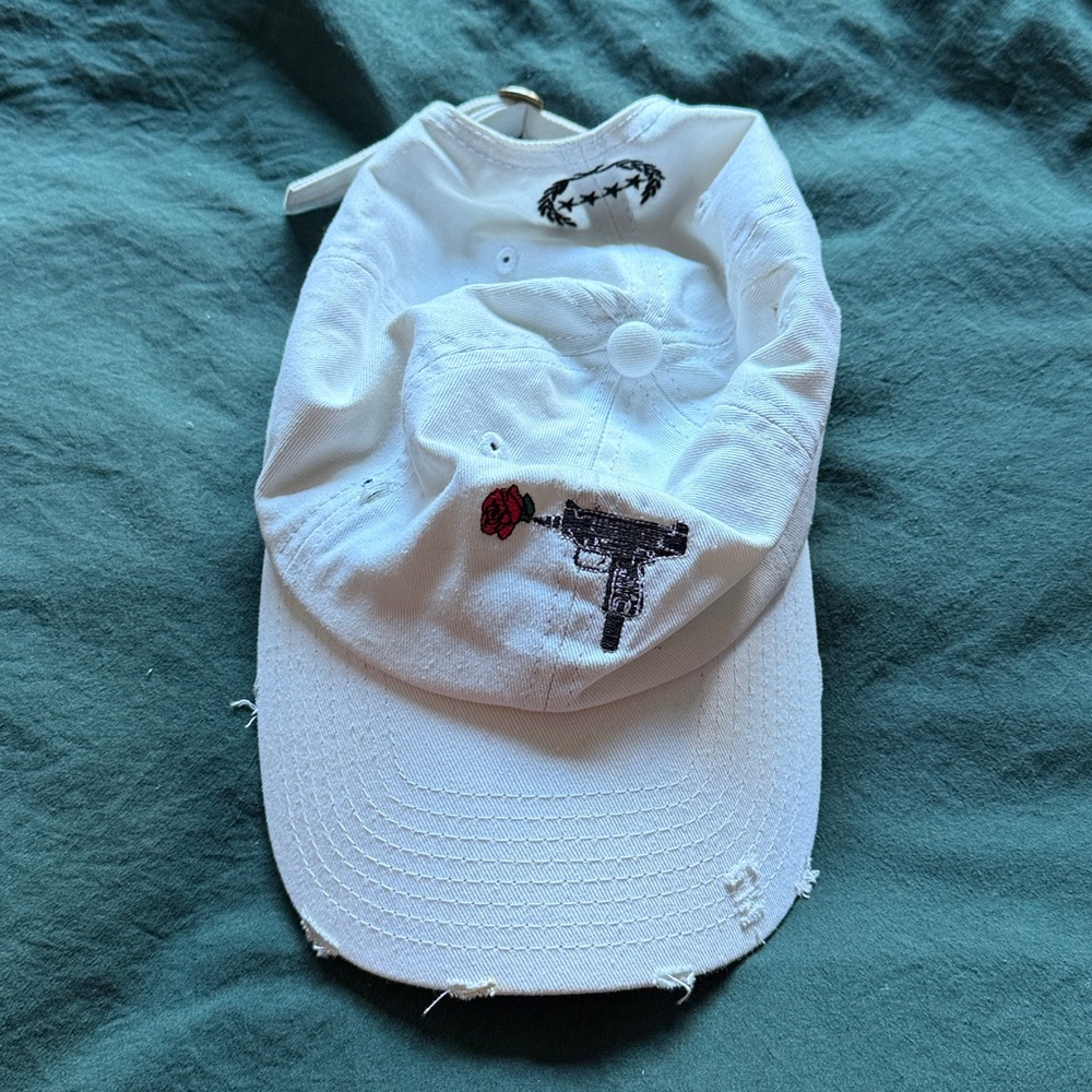 White Embroidered Cap with Gun and Rose Design